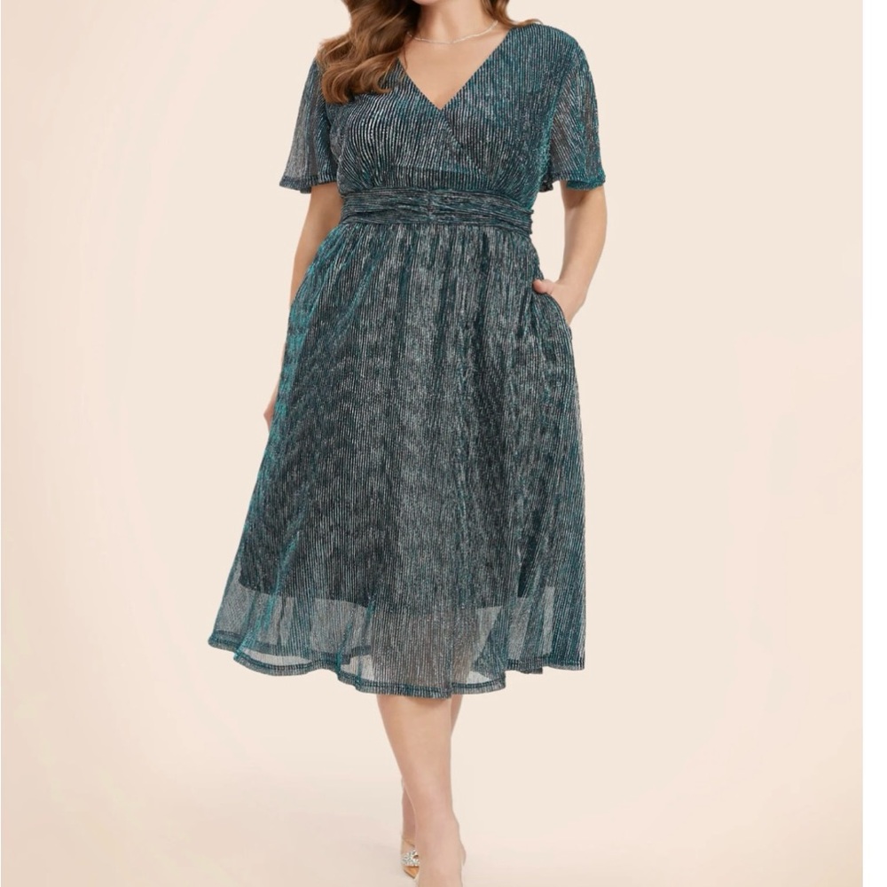BloomChic Green A-Line Midi Dress with Flutter Sleeves cerulean 18-20